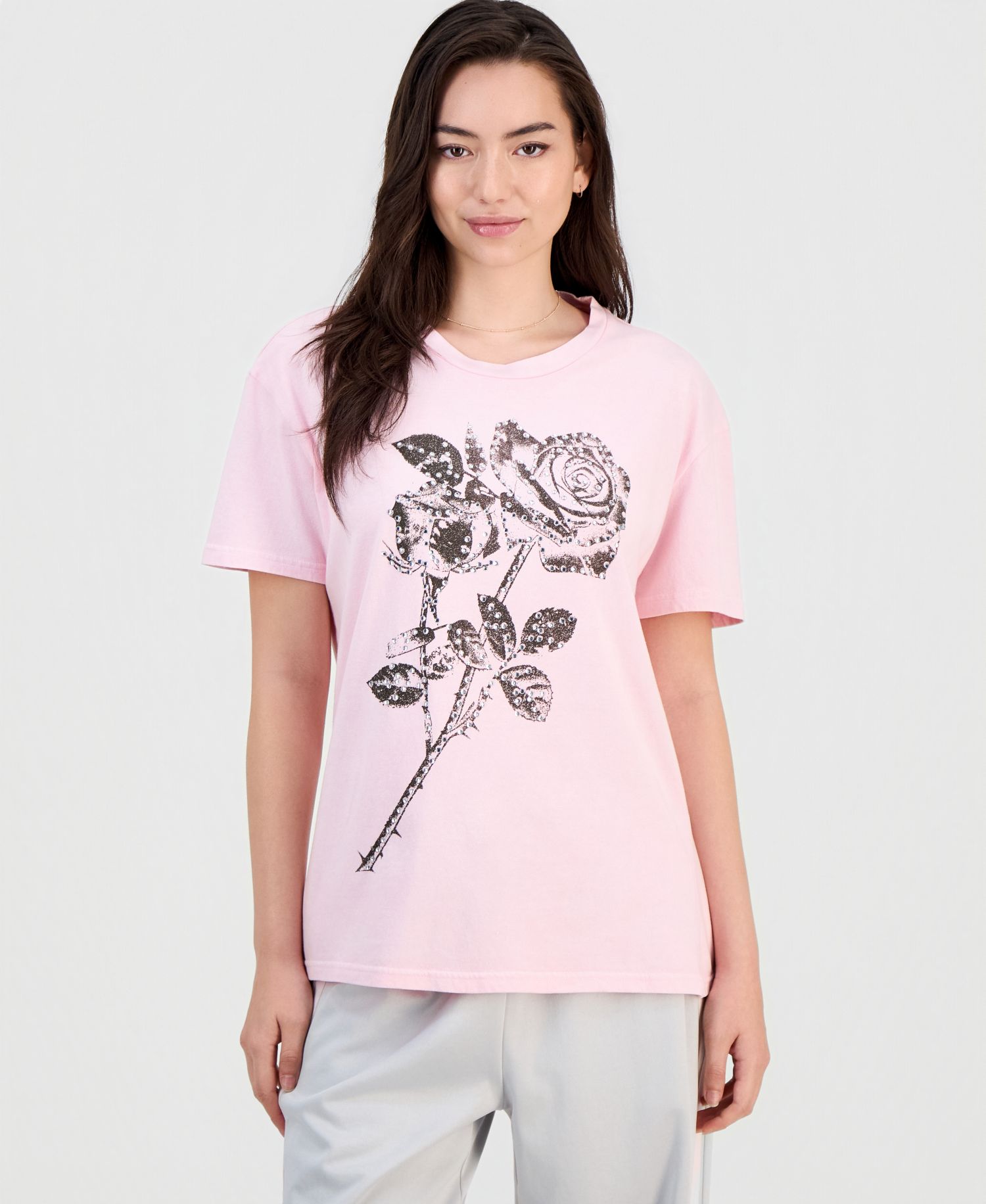 Juniors' Rose Mineral-Wash Rhinestone Short-Sleeve T-Shirt
