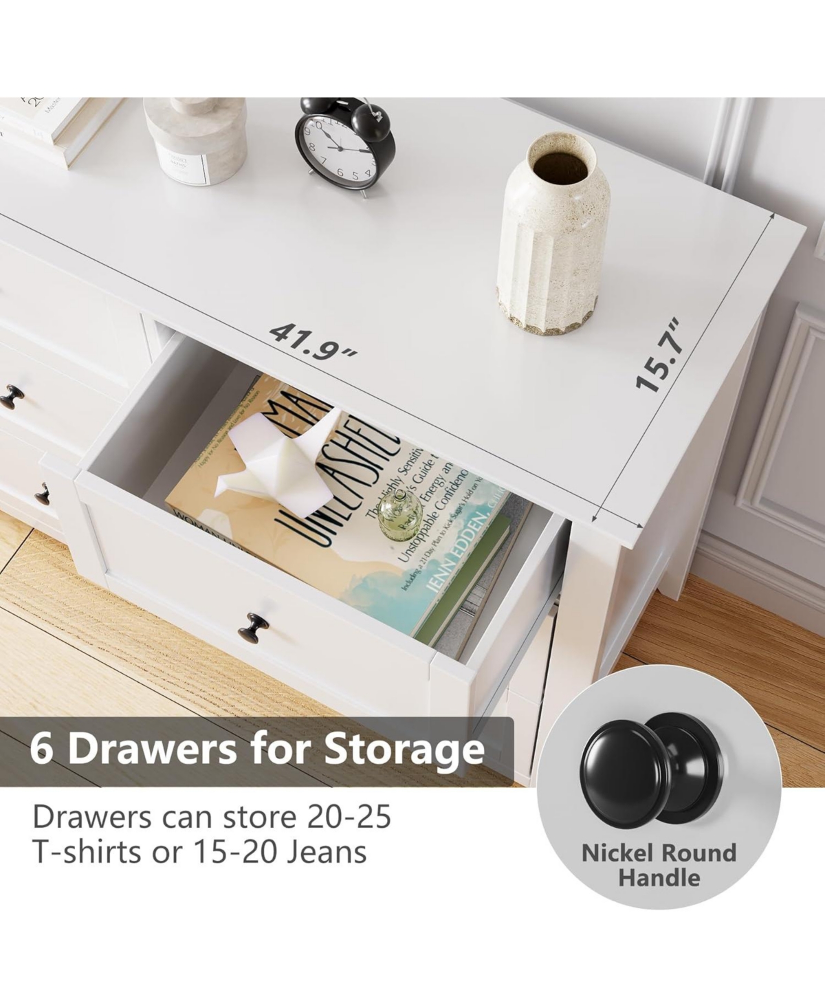 gaomon Modern 6 Drawer Wood Dresser with Nickel Handles, Deep Storage Chest