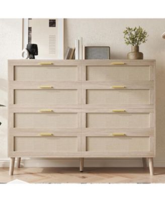 8-Drawer Natural Rattan Dresser with 5 Legs and Gold Handles.
