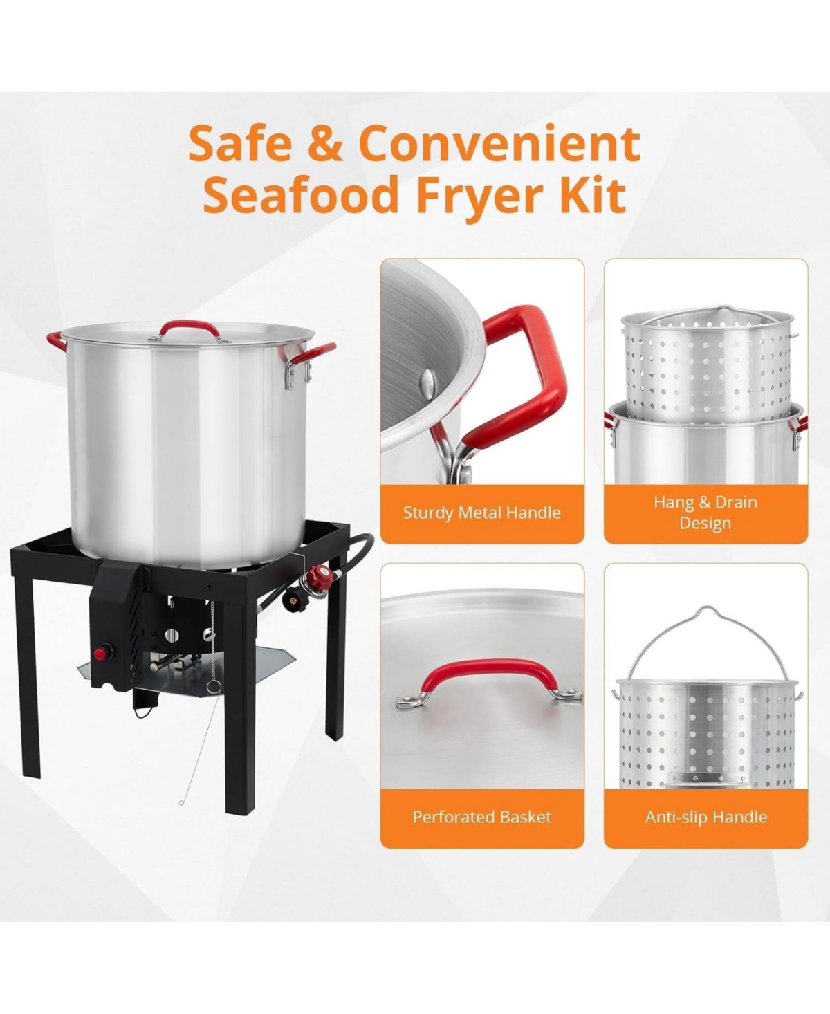 Xo Outdoor Seafood Boil Pot, Aluminum Seafood Boil Kit with Strainer Basket and Propane Burner for Outdoor Cooking