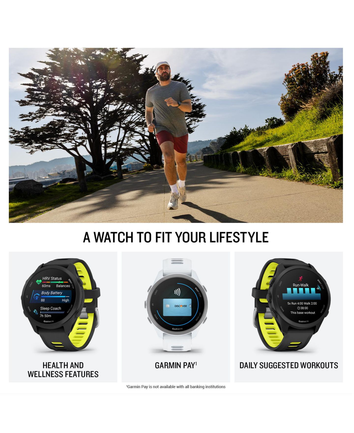 GPS-смарт-часы Garmin Forerunner 170 для бега с пульсометром, силикон, 43 мм, цвет: Чёрный / Жёлтый — фото 6