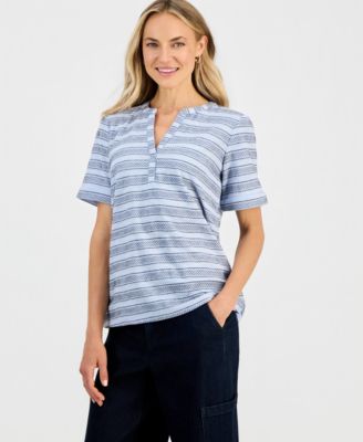 Women's Striped Split-Neck Short-Sleeve Top