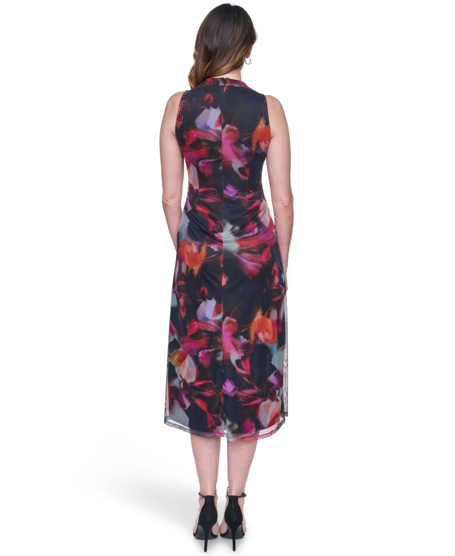 Women's Printed Mesh Shirred Midi Dress