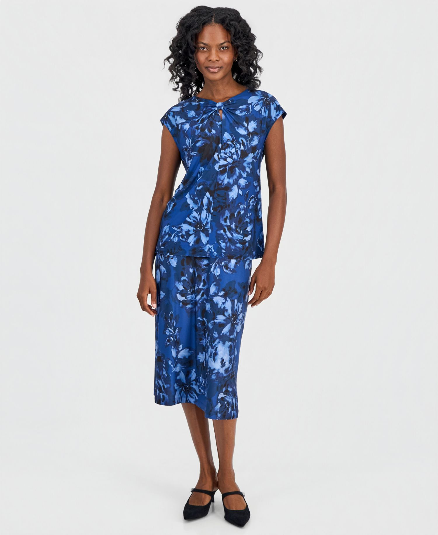 Women's Printed Bow-Neck Extended-Shoulder Top & Pull-On A-Line Midi Skirt