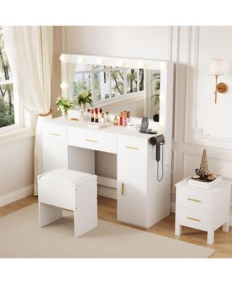 Makeup Vanity Desk Set with Upholstered Stool, Make Up Table with Drawers, Charging Station and Large Mirror