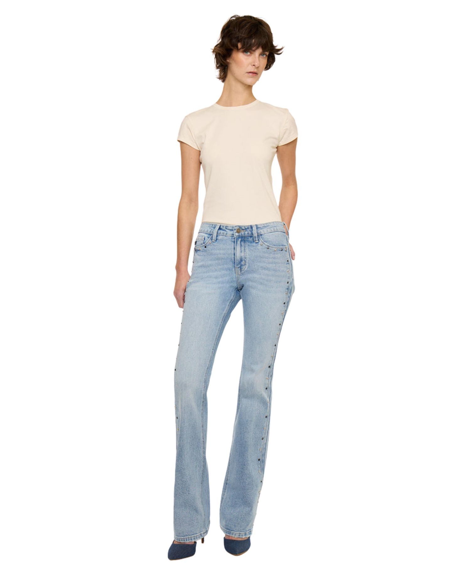 Women's Mid Rise Rhinestone Stud Bootcut Jeans