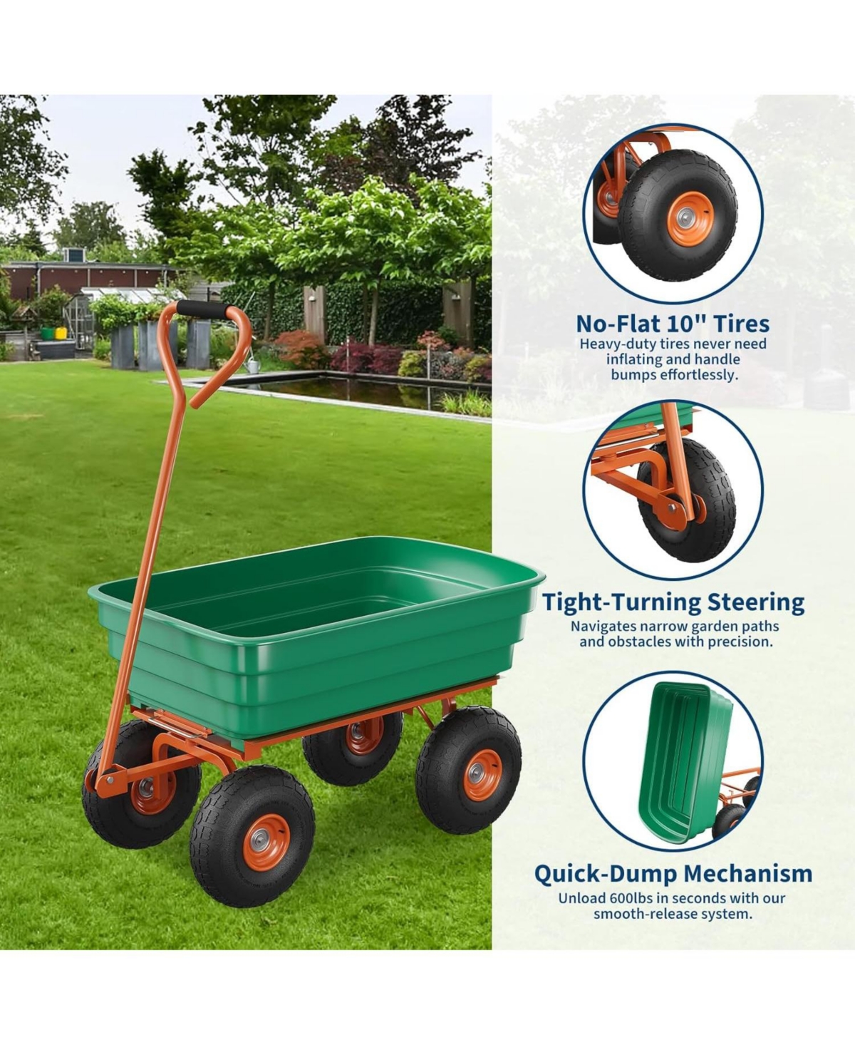 gaomon 600 Lbs Heavy-Duty Garden Dump Cart All-Terrain Yard Utility Wagon with Quick-Release System and Adjustable 180 Handle