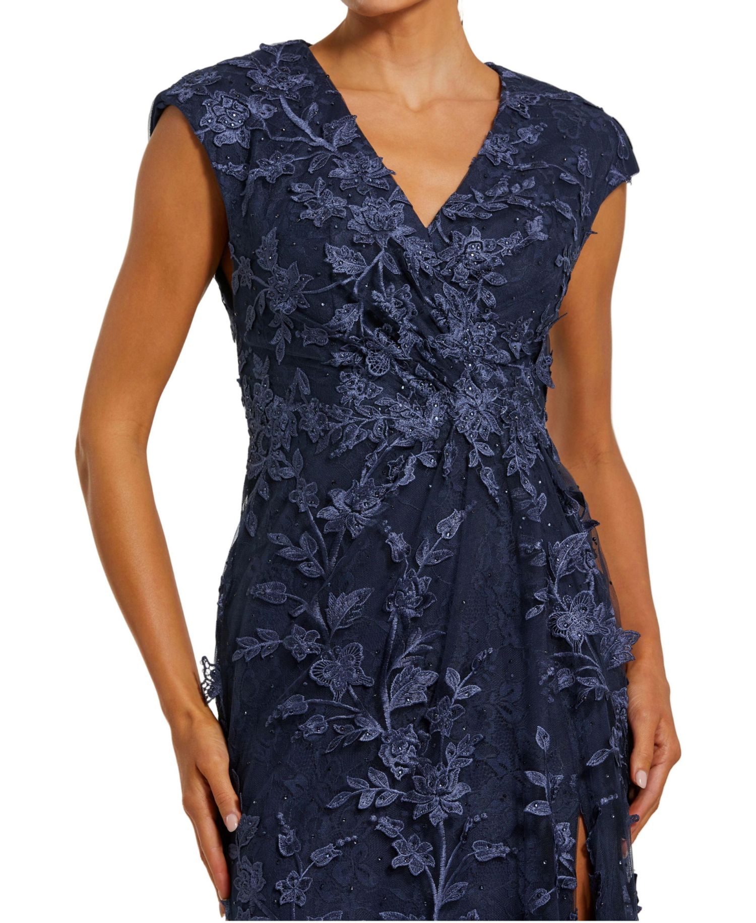 Petite Faux Wrap Embroidered Cap Sleeve Gown