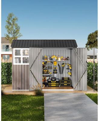 6x8 Feet Outdoor Storage Shed, Metal Garden Tool Shed with Lockable Door, Window and Vents, Galvanized Steel Frame, Sloped Roof Utility Storage