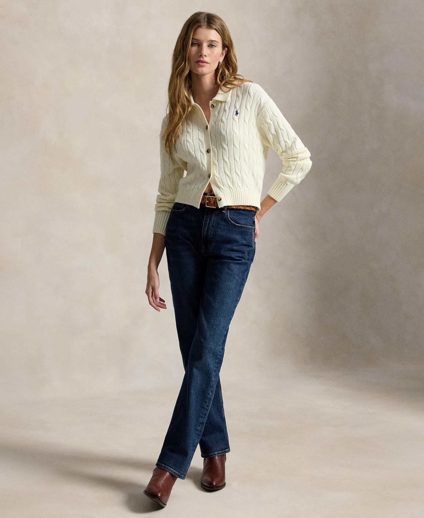 Женский кардиган Polo Ralph Lauren Polo Collar Long-Sleeve, цвет: Кремовый — фото 3