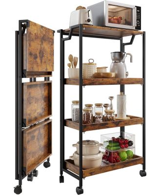Large 4-Tier Collapsible Wooden Storage Shelf with Locking Wheels 100 lbs Capacity No Assembly Required Space-Saving Organizer