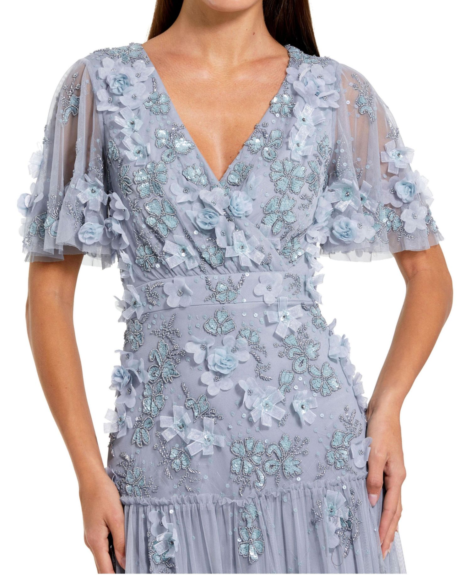 Women's Floral Applique Embellished Flutter Sleeve Midi Dress