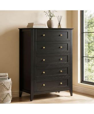Modern 5 Drawer Wood Dresser, Tall Chest with Handles and Deep Drawers
