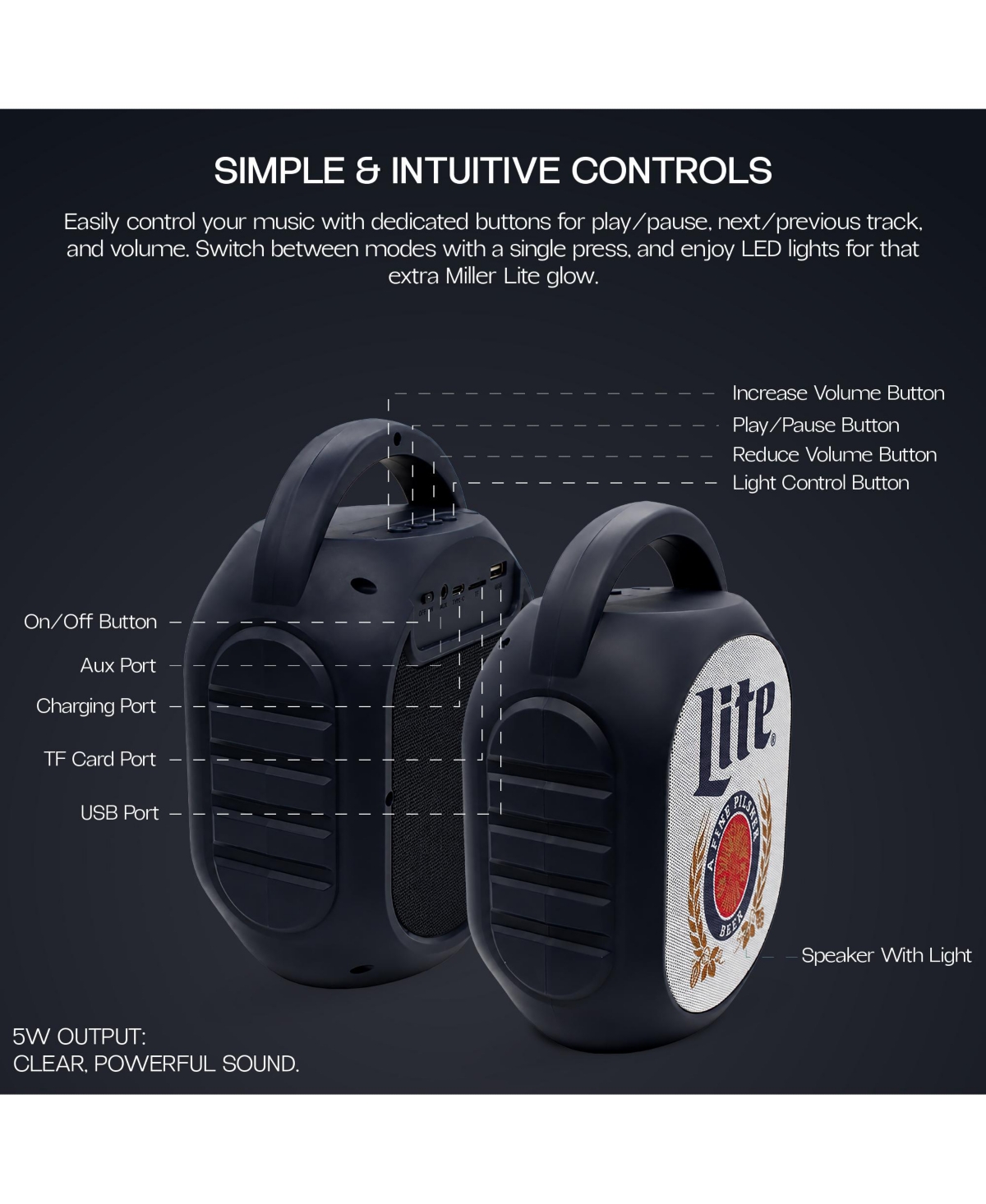 Miller Lite Mini Party Speaker with Color Changing Led Lights, Fm Radio, Built-in Handle