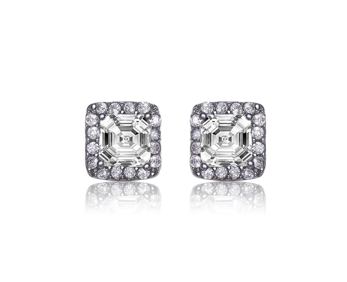 Cubic Zirconia Sterling Silver Rhodium Plated Green Square Shape Assher Cut Earrings