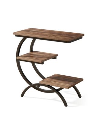 C Shaped End Table with 3 Tier Storage for Small Spaces