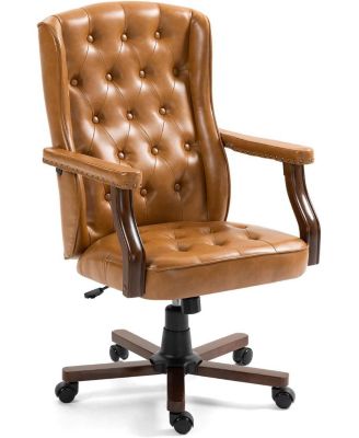 Executive Desk Chair, 350 lbs Load – 7.6 Inch Thick Cushion Leather Ergonomic Vintage Wingback Swivel Chair with Wood Base for Home and Office