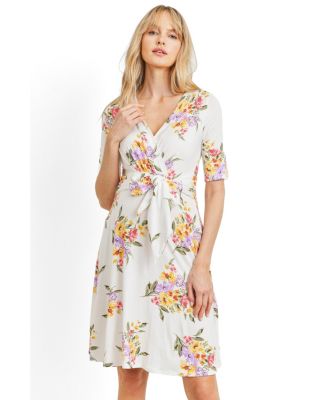 Maternity Floral Short Sleeve Wrap Nursing Dress with Tie Waist