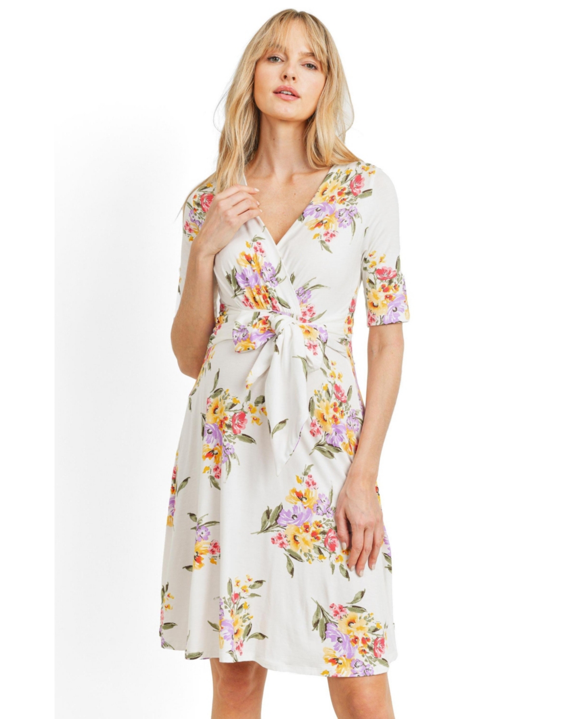 Hello Miz Maternity Floral Short Sleeve Wrap Nursing Dress with Tie Waist