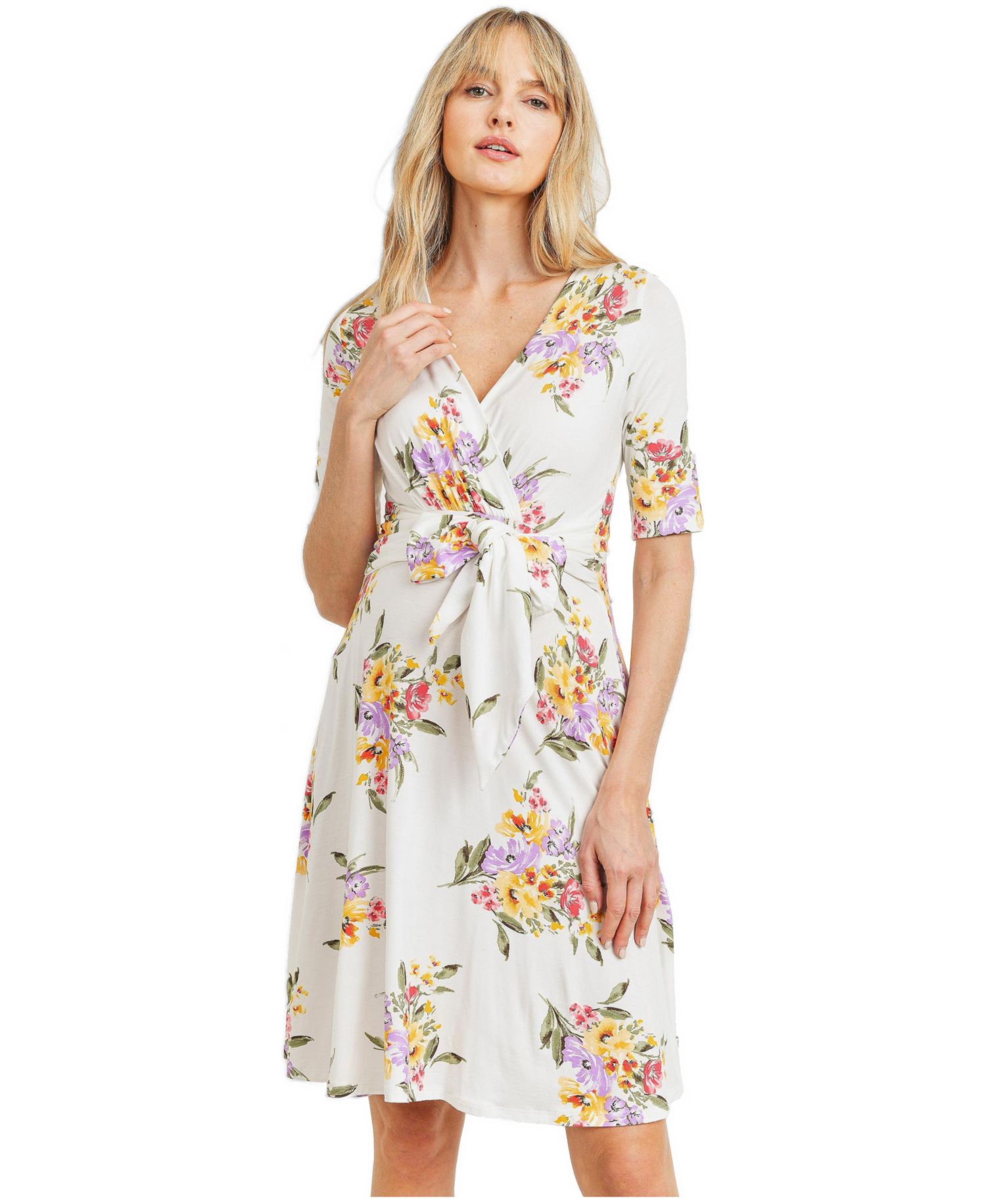 Women's Floral Short Sleeve Wrap Nursing Dress with Tie Waist