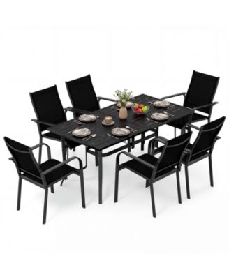 7PCS Patio Dining Set for 6 Metal Table w/Umbrella Hole and 6 Stackable Armchairs