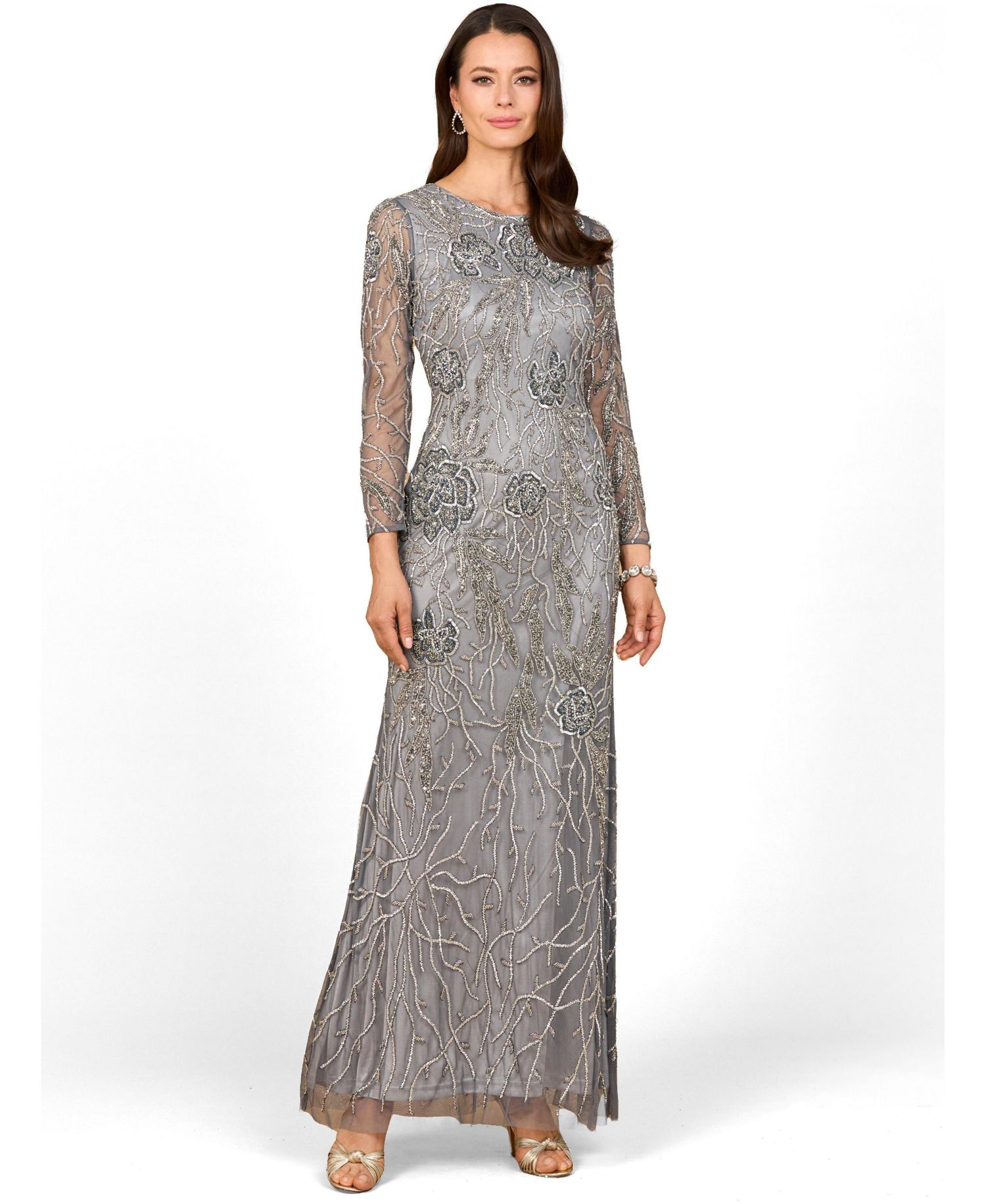 Women's High Neck, Long Sleeve Beaded Gown
