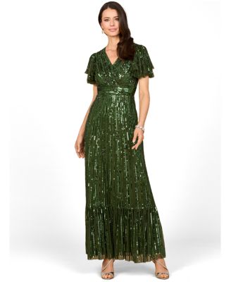 Women's Elegant Beaded Gown with Flutter Sleeves