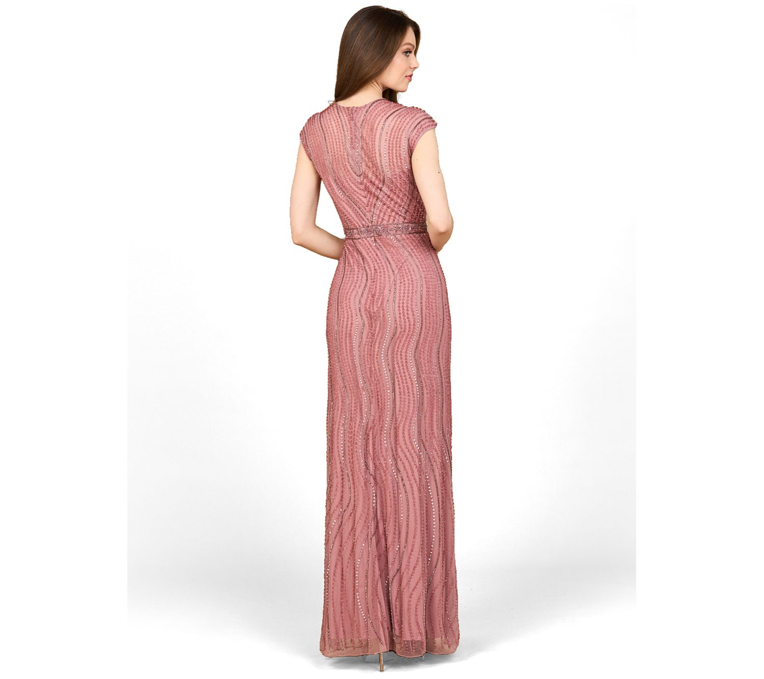 Women's Cap Sleeve, Illusion Neck Beaded Gown