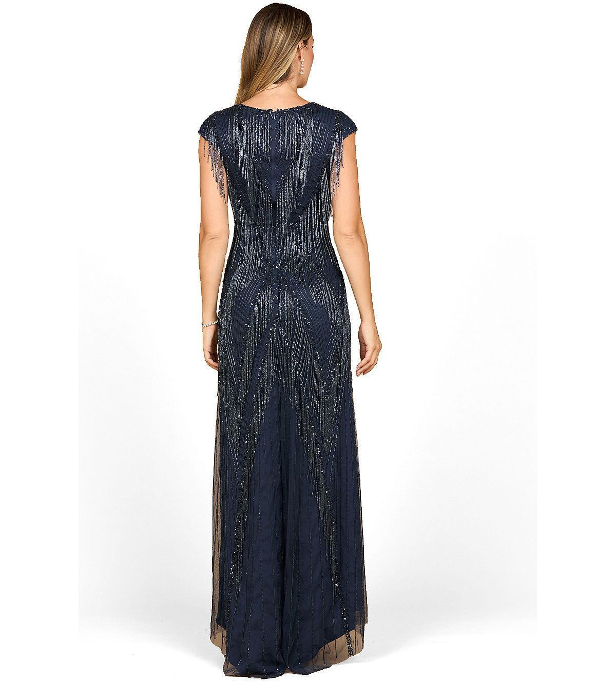 Lara Women's Beaded Fringe V-Neckline Dress with Cap Sleeves view 2 — MAYCSS fashion products