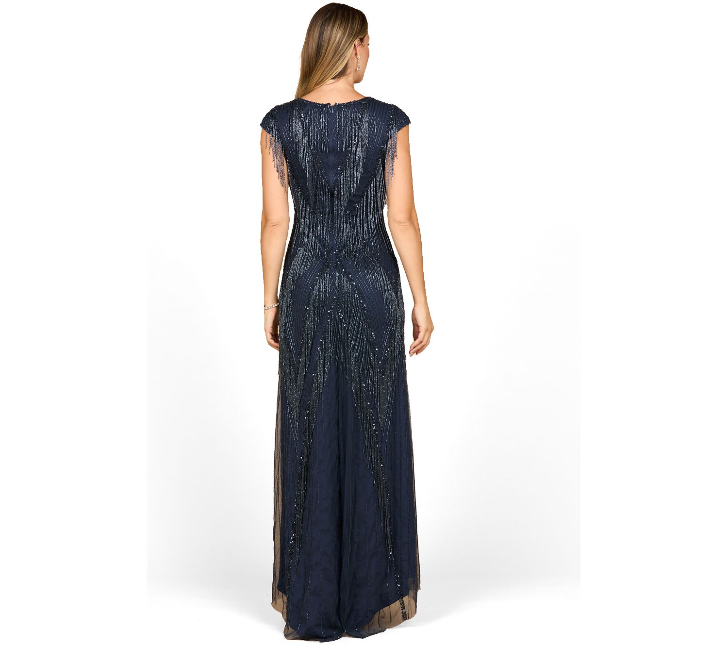 Women's Beaded Fringe V-Neckline Dress with Cap Sleeves