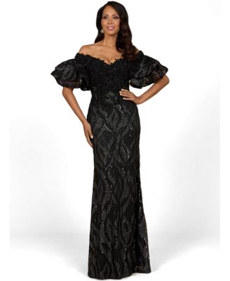 Women's Off Shoulder Mermaid Beaded Gown with Tiered Sleeves