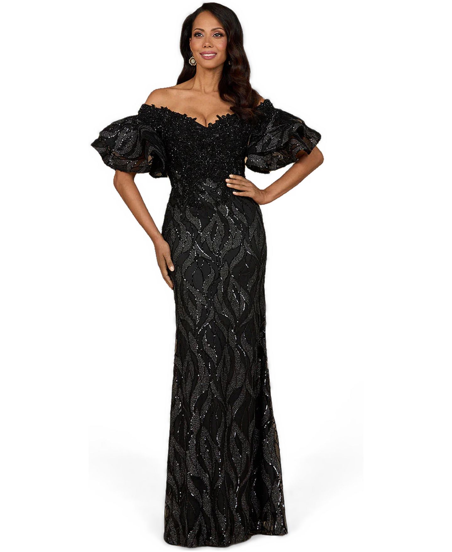 Женские платья Lara Off Shoulder Mermaid Beaded Gown with Tiered Sleeves, цвет: Чёрный — фото 1