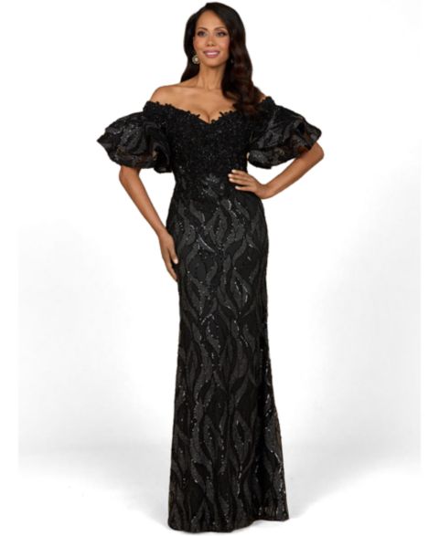 Женские платья Lara Off Shoulder Mermaid Beaded Gown with Tiered Sleeves, цвет: Чёрный