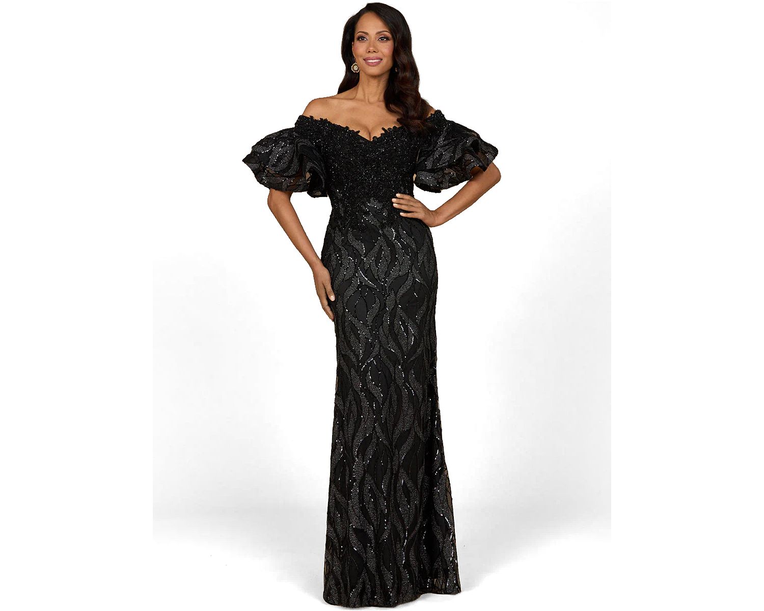 Women's Off Shoulder Mermaid Beaded Gown with Tiered Sleeves