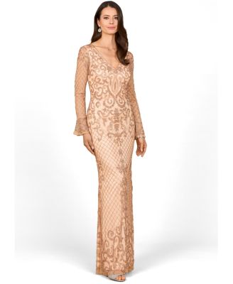 Women's Beaded Long Sleeve V-Neck Gown