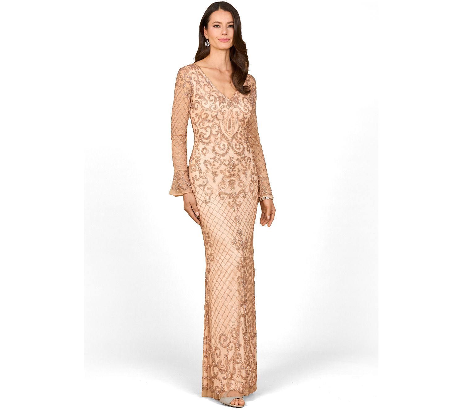 Women's Beaded Long Sleeve V-Neck Gown
