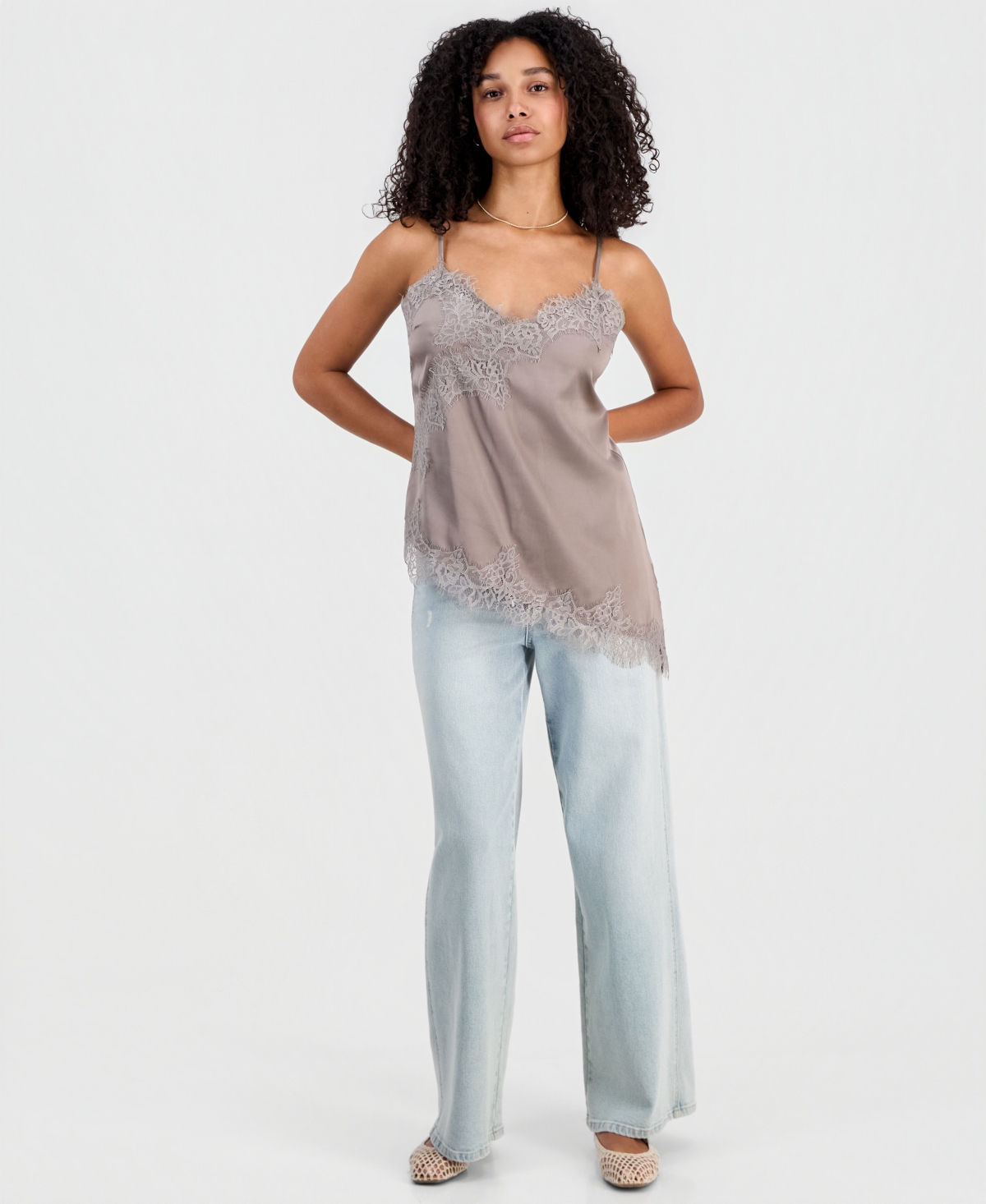 Madden Girl Juniors' Satin Lace-Trim Asymmetric Cami