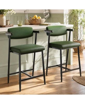 2 Sets 26 Inch Retro Green Bar Stools - Metal High Stools with Armrests and Footrests, Widened Seat and Back
