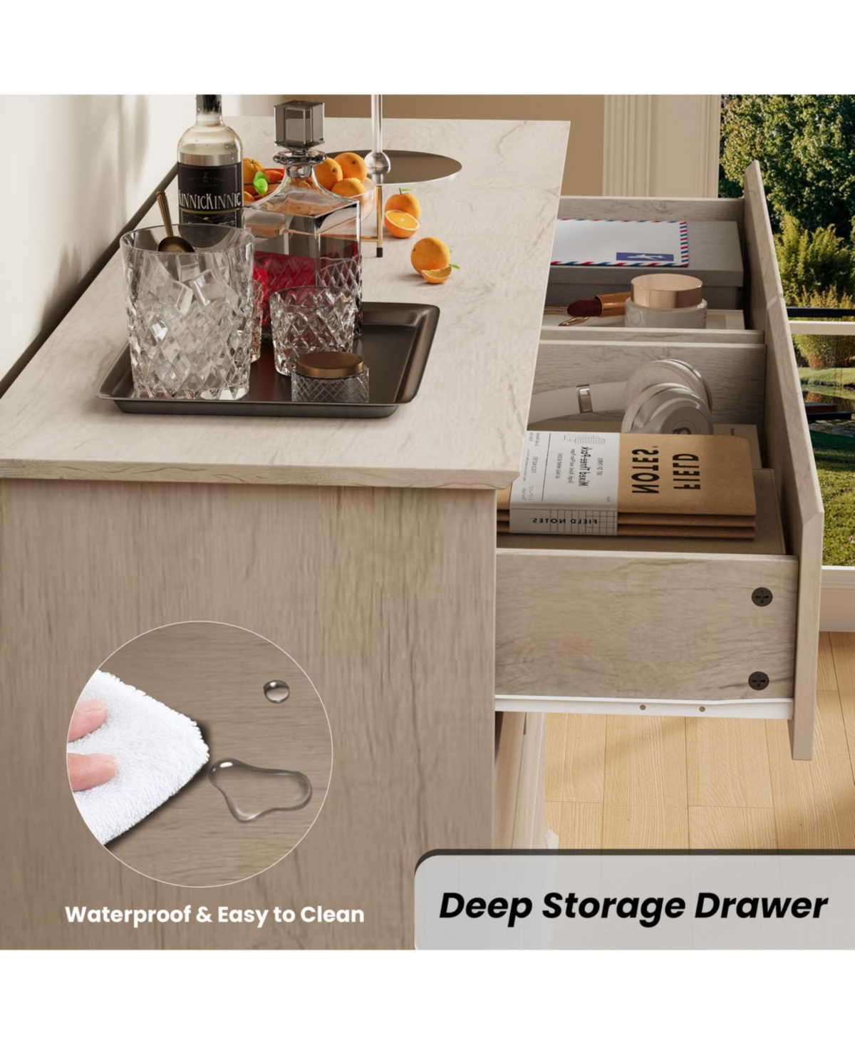 homfan Engineered Wood Dresser with Smooth-Glide Faux-Linen-Lined Drawers, Integrated Pulls and Wide Top, Raised Base for Stable Bedroom Storage
