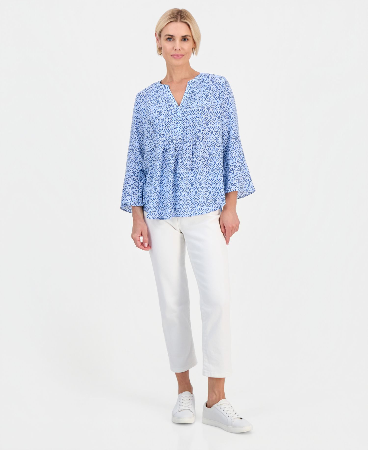 Petite Printed Pintuck Bell-Sleeve Top