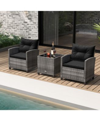3 PCS Patio Furniture Set Outdoor PE Rattan Chair and Table Set w/ Tempered Glass