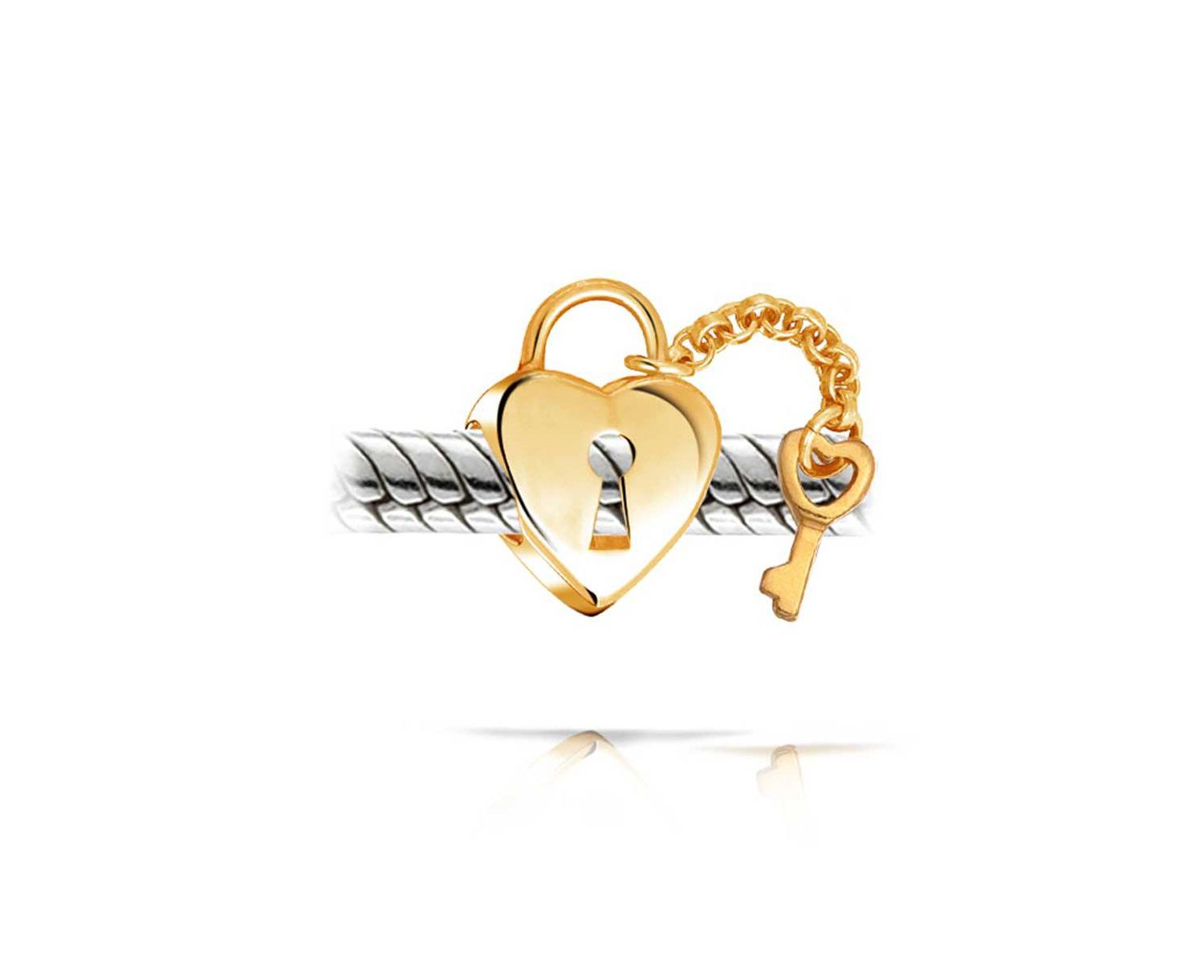 .925 Sterling Silver Heart Shape Lock and Key Charm Bead Two Tone Gold Plated for Bracelet
