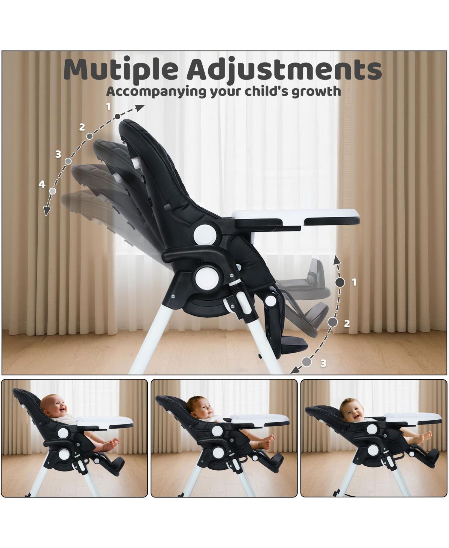 Convertible Baby High Chair with Adjustable Height, Double Tray and Compact Fold