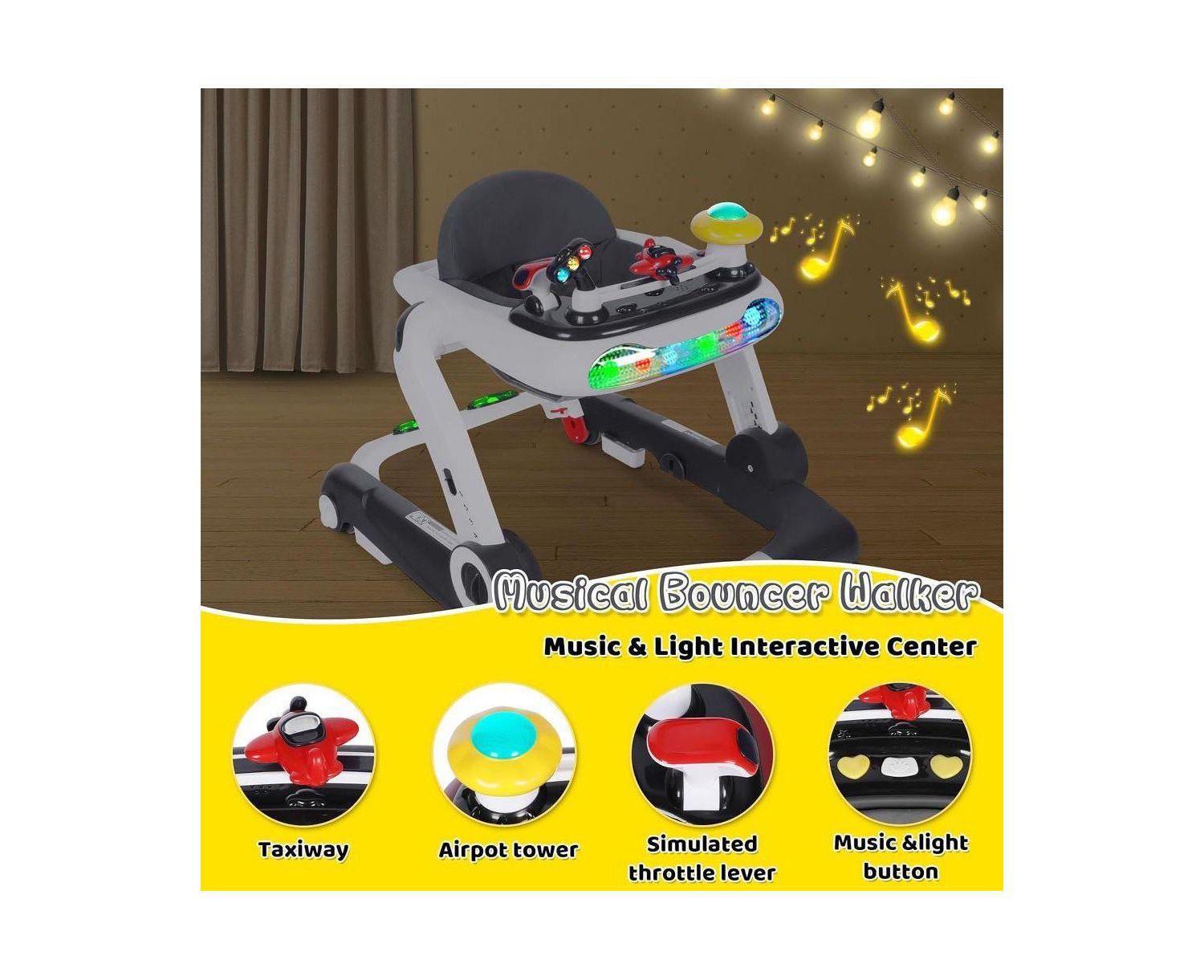 5-in-1 Baby Activity Walker with Music and Lights, Adjustable Height and Safety Bumper