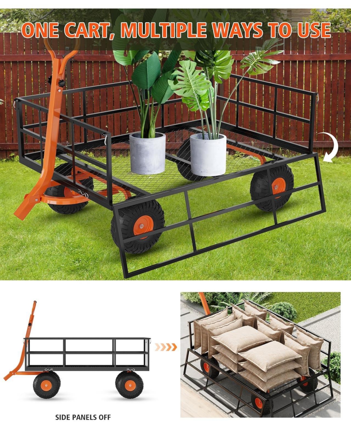 gaomon Heavy Duty 1200 Lbs Capacity Steel Garden Cart 2-in-1 Wagon with Removable Mesh Sides 13-Inch Tires and Rotating Handle for Gardening