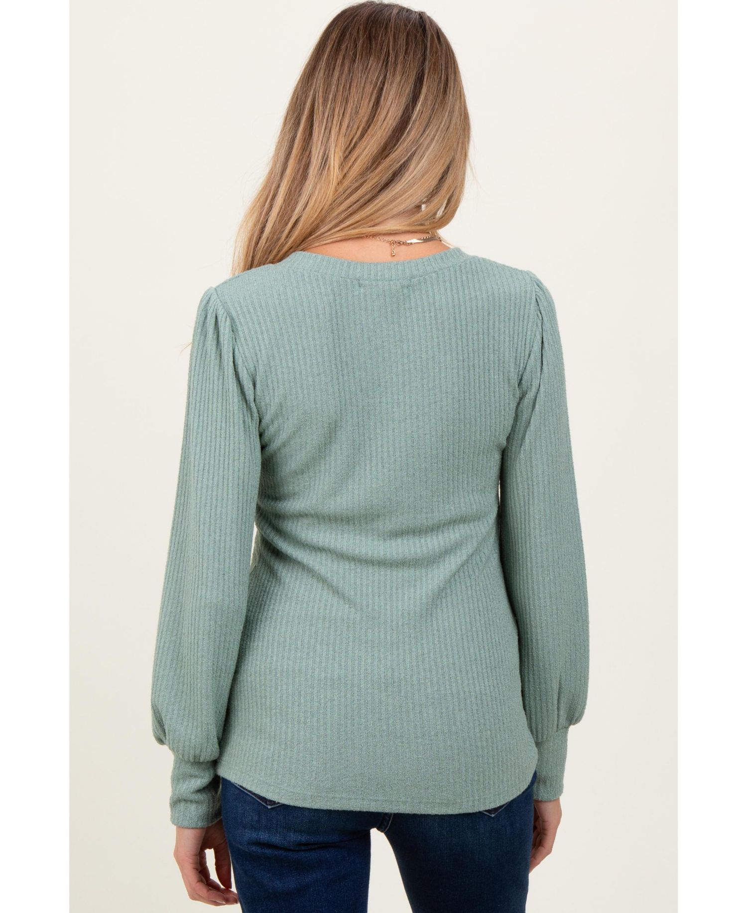 Women's Light Olive Ribbed Knit V-Neck Button Cuff Top