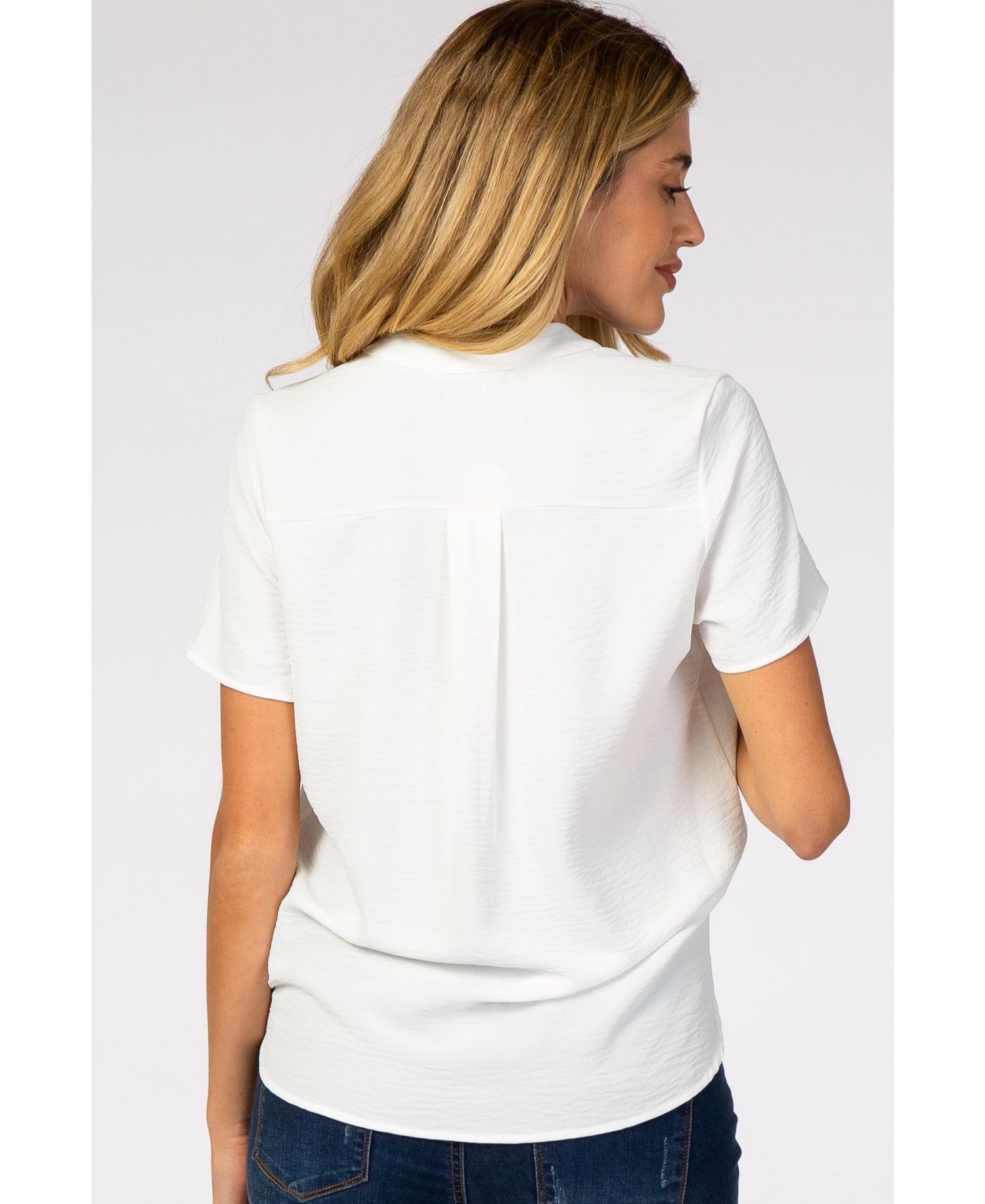 Women's White Short Sleeve V-Neck Blouse