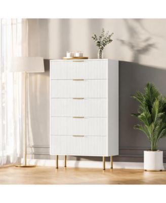 Fluted Wood Dresser - 5 Drawer or 6 Drawer Tall Chest with Metal Handles - Modern Storage Cabinet for Bedroom, Living Room, Closet or Entryway