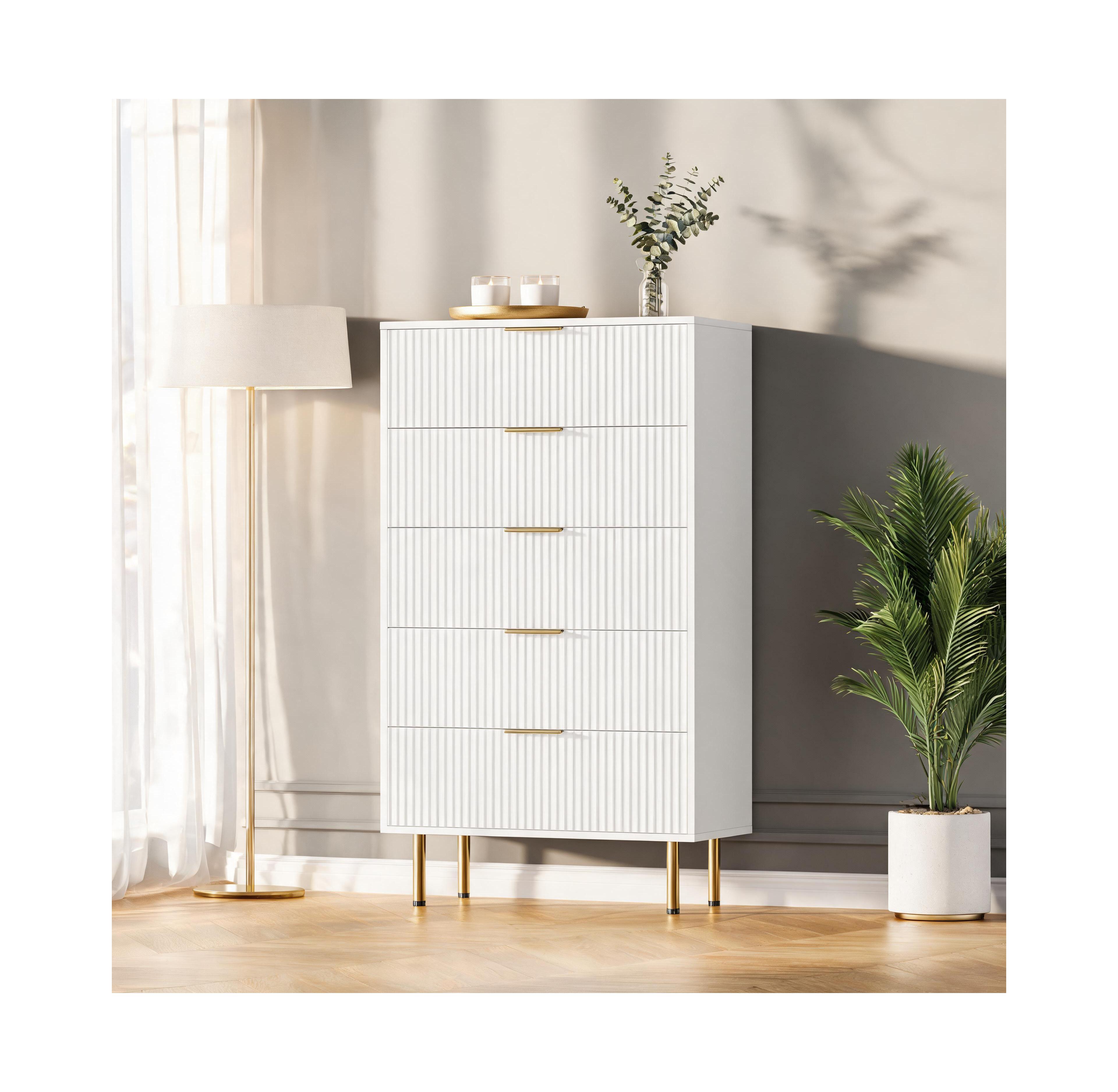 homfan Fluted Wood Dresser - 5 Drawer or 6 Drawer Tall Chest with Metal Handles