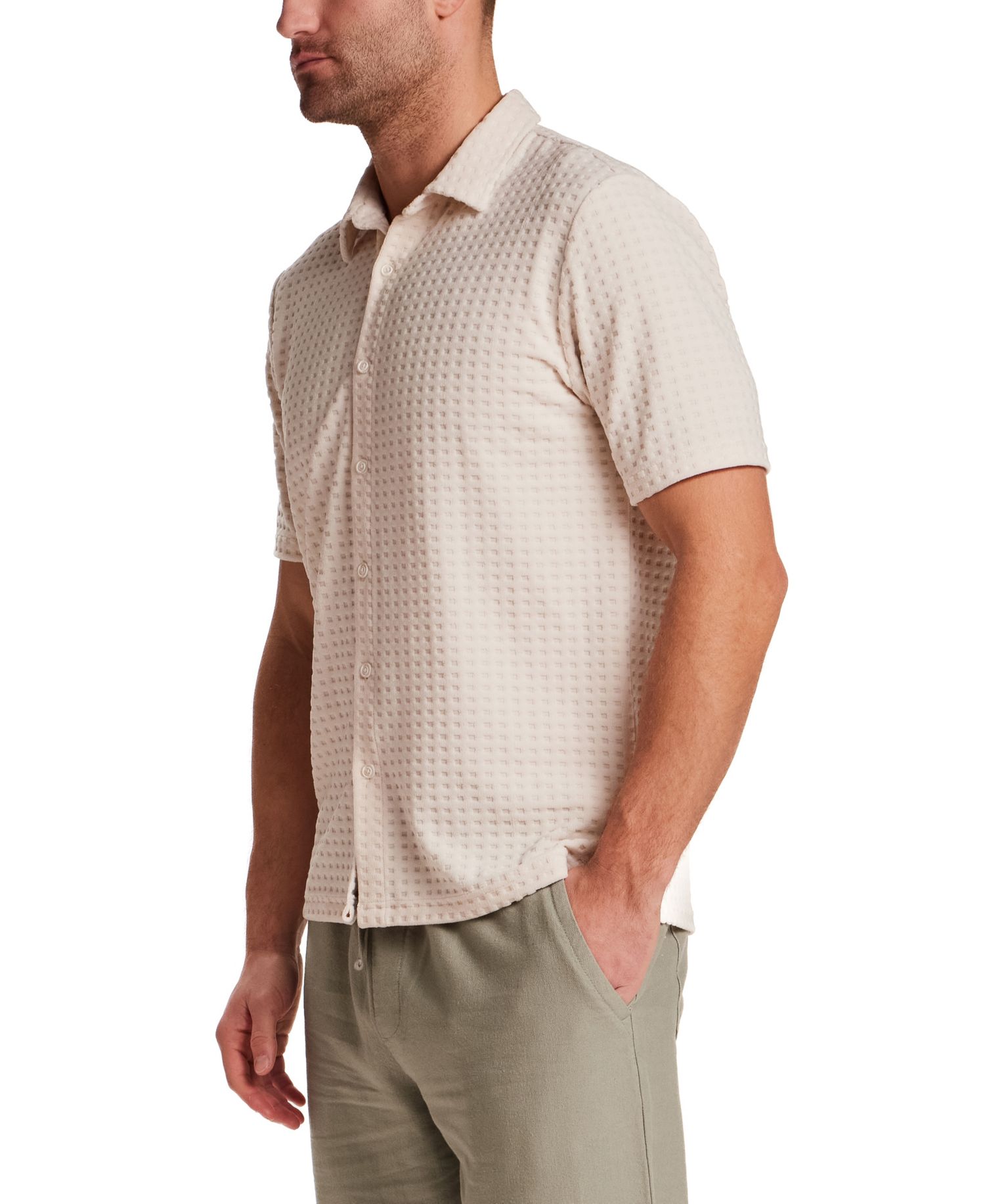 Men's Short-Sleeve Textured Grid Coatfront Knitmen's Shirt